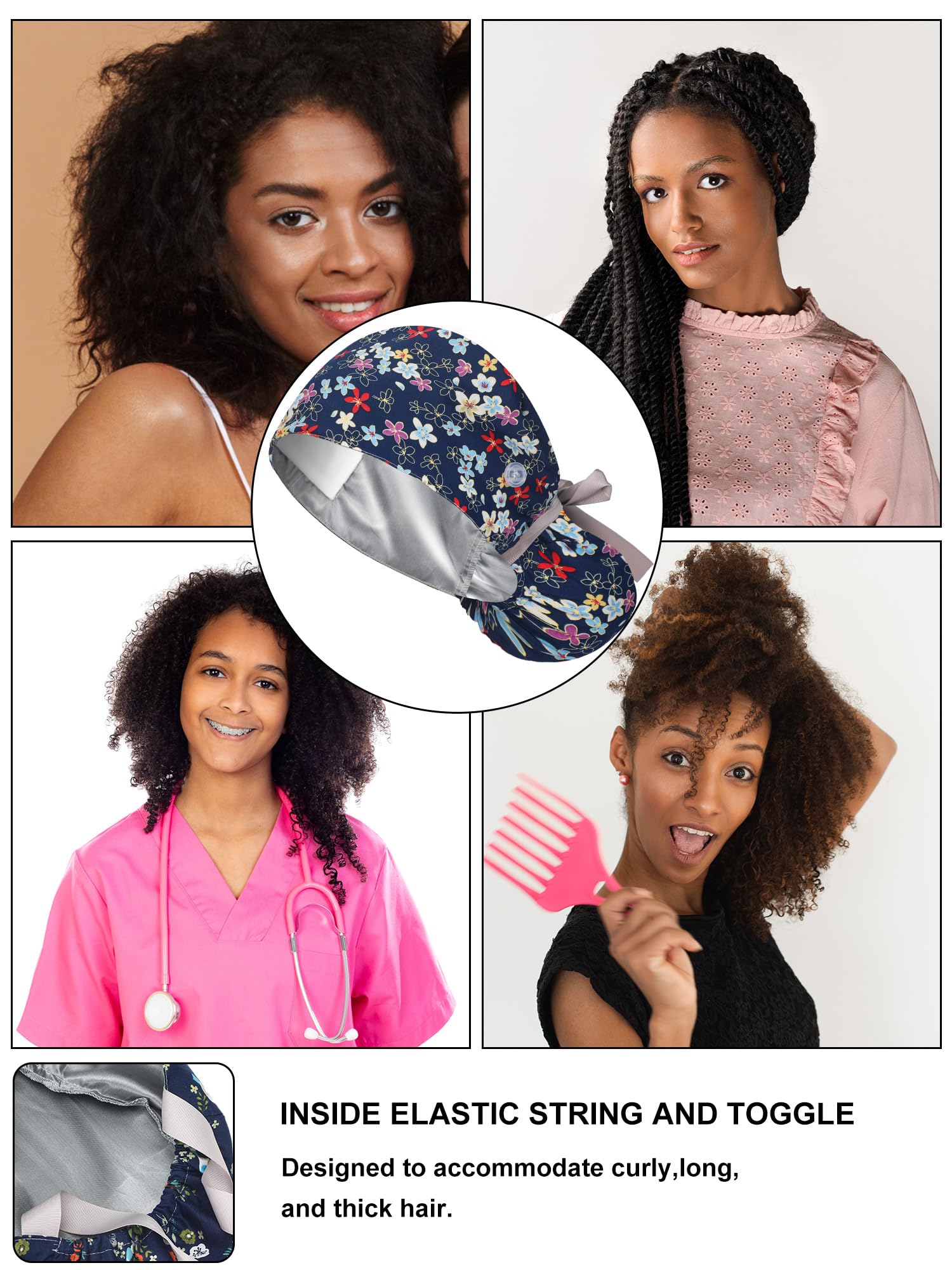 Floraltop satin lined scrub cap with ponytail holder and tie-back use
