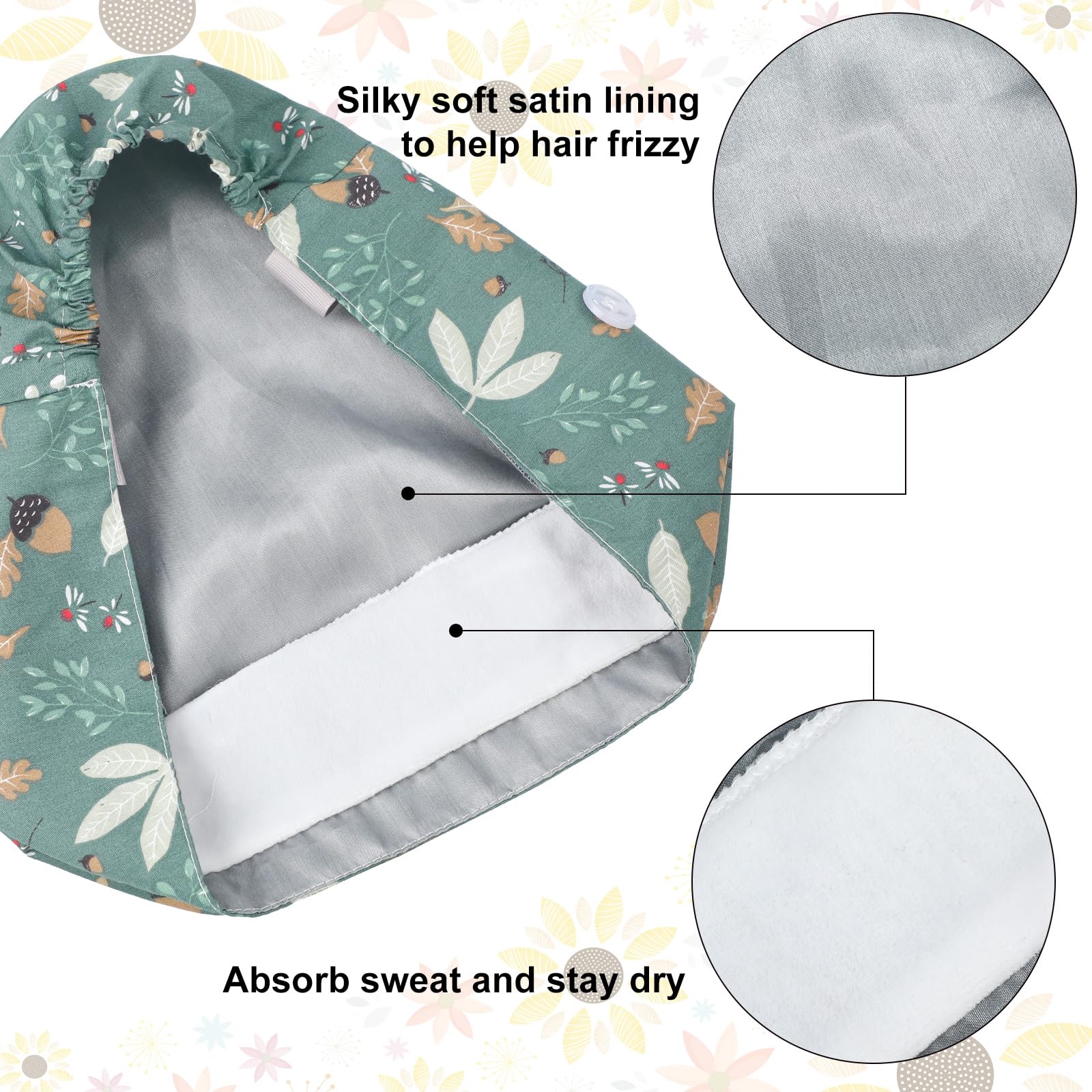 Floraltop satin lined scrub cap side view shows ponytail support and fit