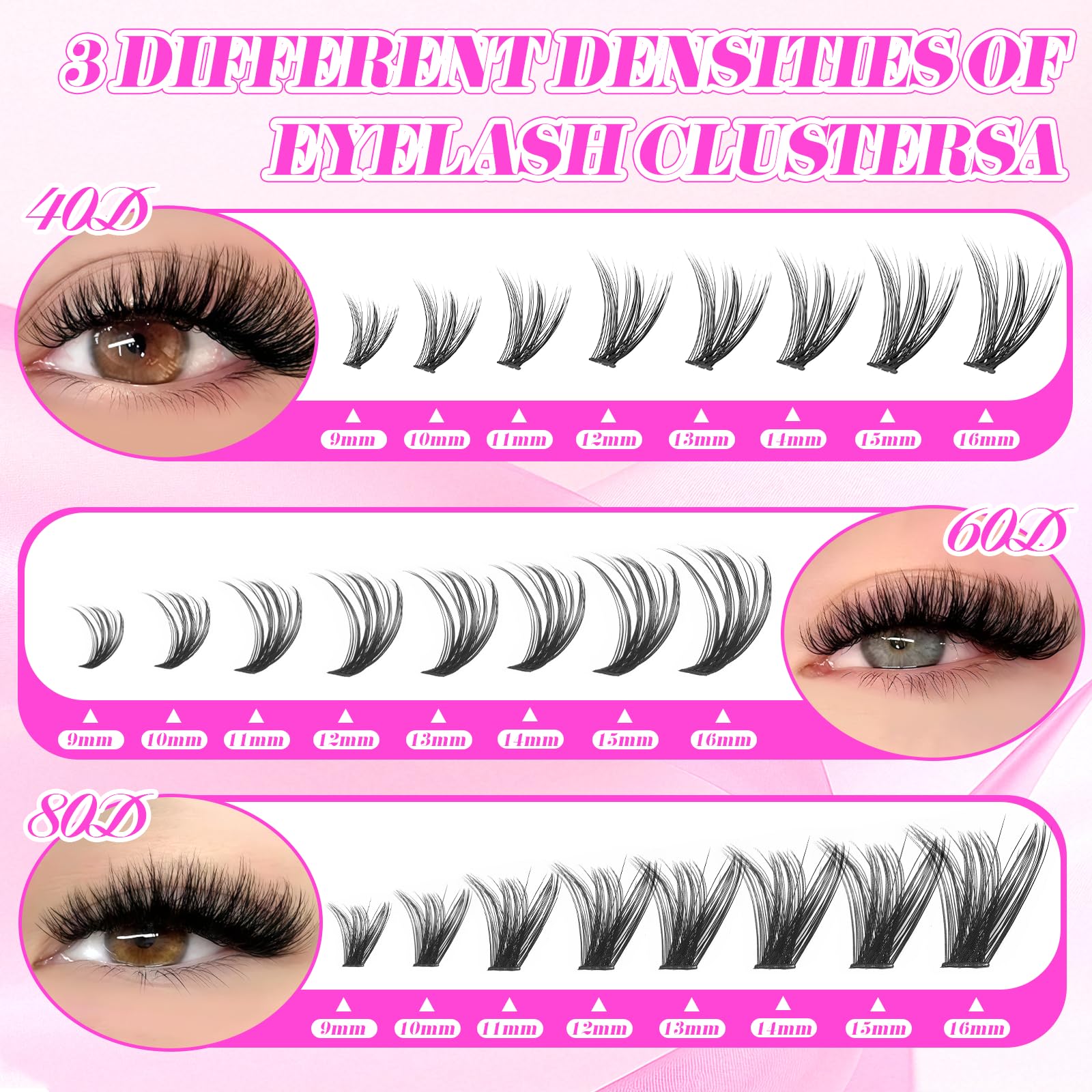 Floranest 9-16mm lashes sample set showcases D-curved fluffy wispy styles.