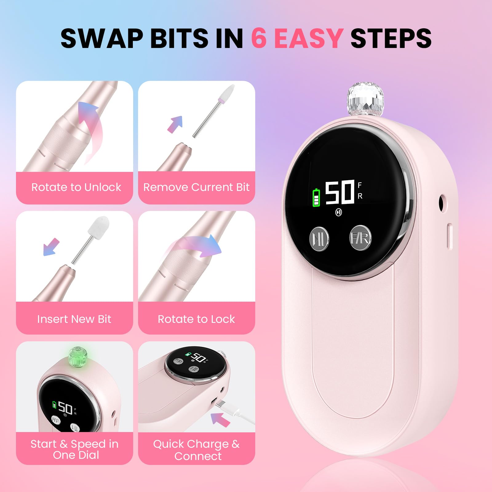 FLORAVIC Nail Drill LCD readout helps beginners track speed and battery.