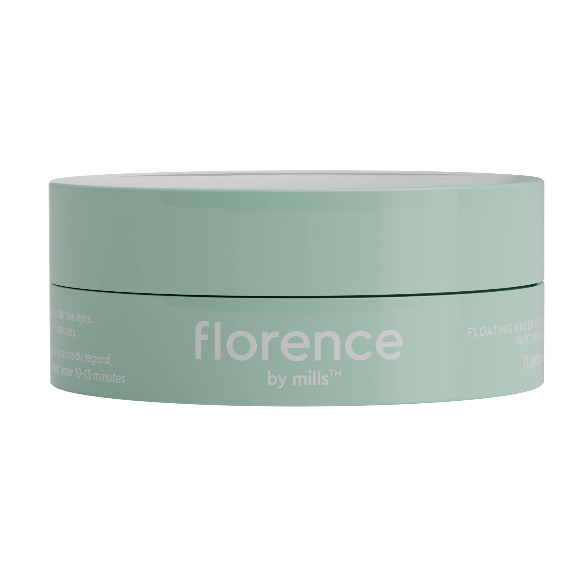 Florence by Mills close-up of eye gel patches shows soothing green tea and caffeine ingredients.