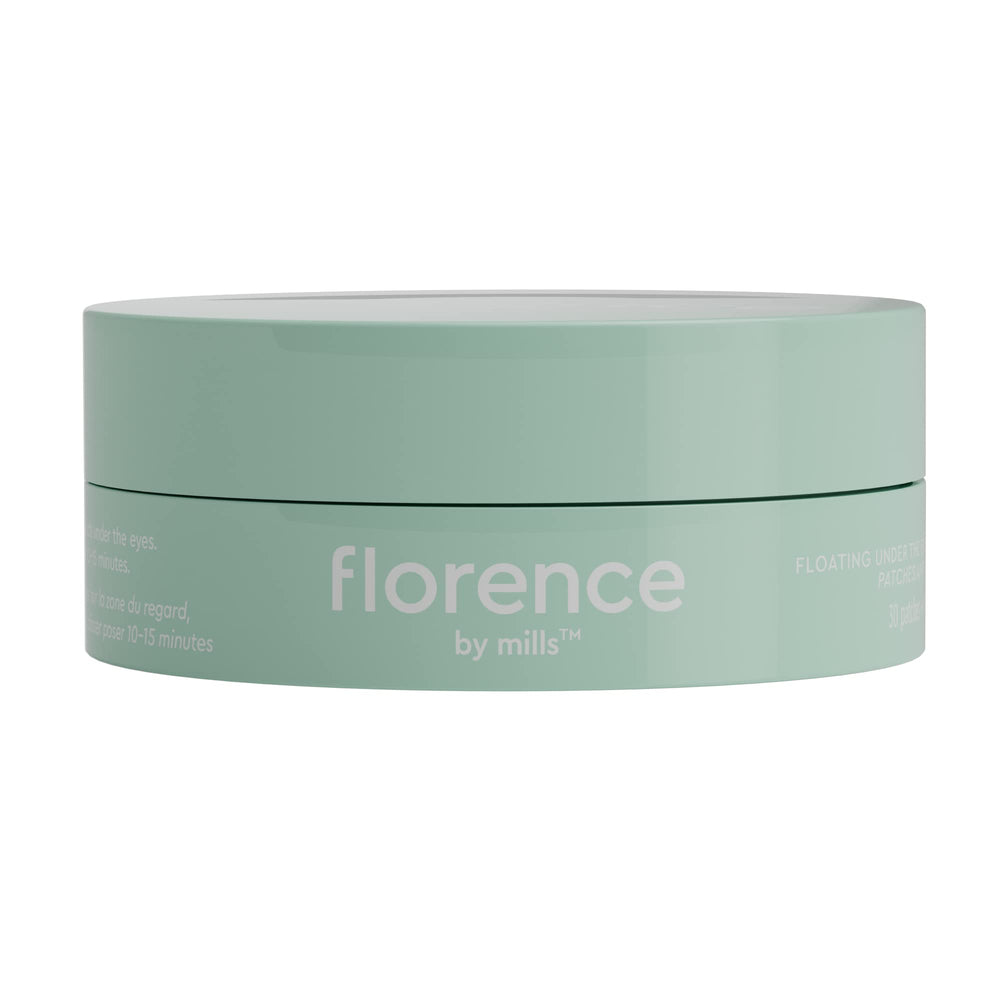 Florence by Mills close-up of eye gel patches shows soothing green tea and caffeine ingredients.