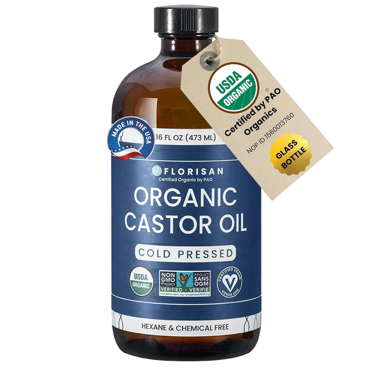 Florisan organic castor oil in 16oz glass bottle highlighting purity for skin and hair care