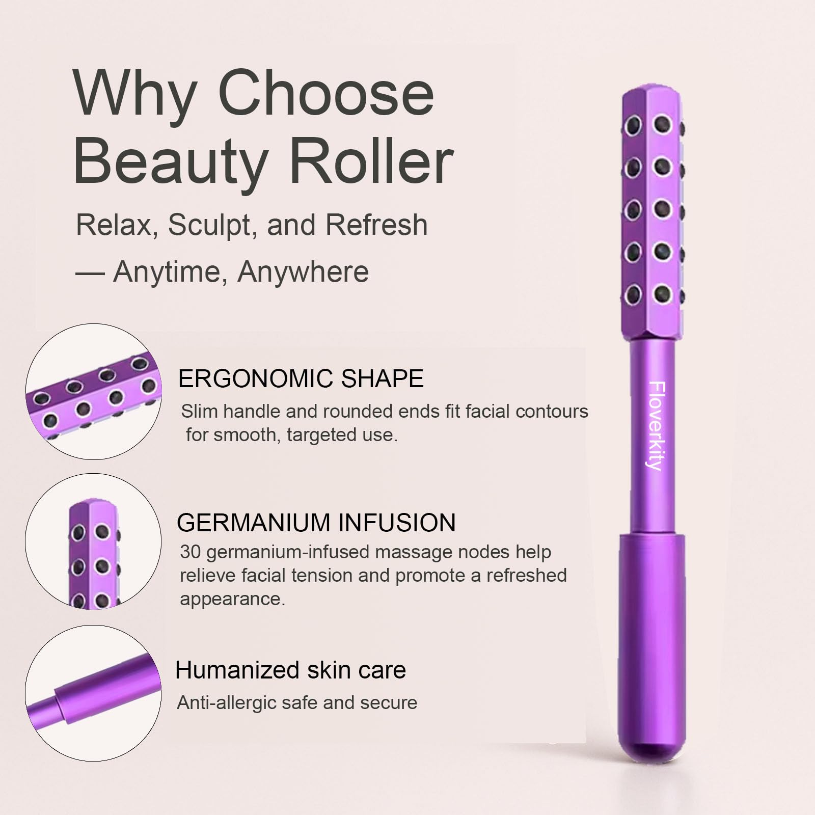 Floverkity Beauty Sculptor Roller ergonomic handle enables precise contouring along cheeks.