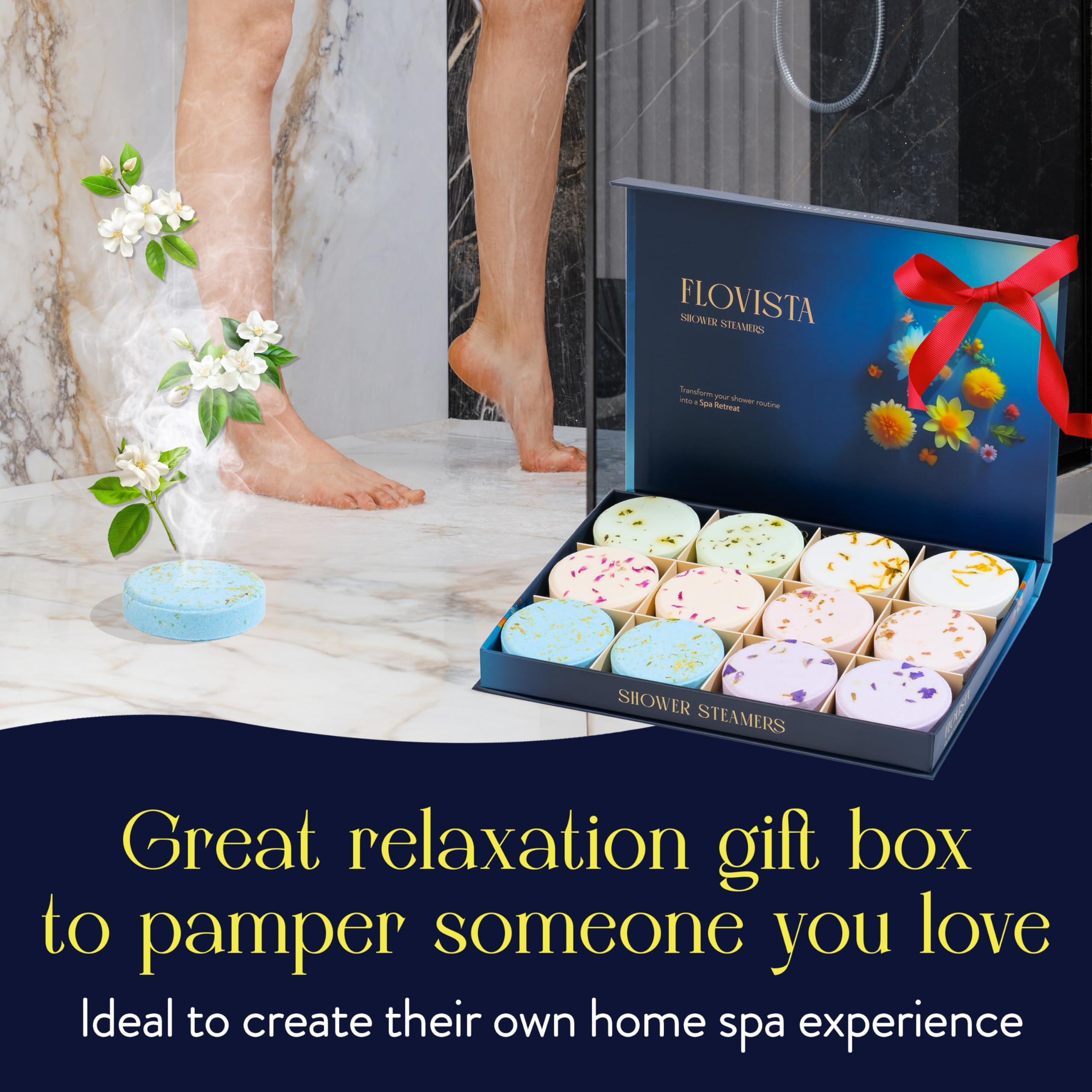 Flovista relaxing aromatherapy shower steamers with lavender and eucalyptus for at-home spa.
