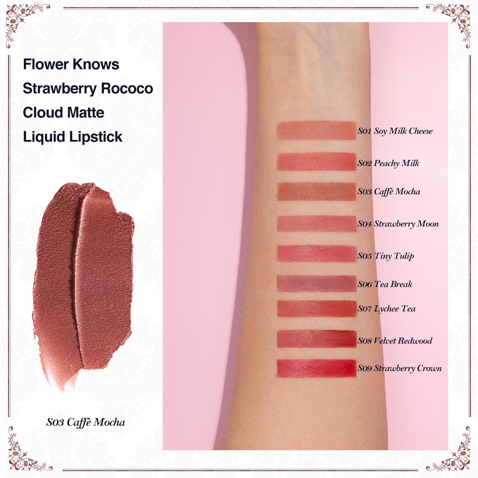 Flower Knows Cloud-Like Matte swatch demonstrating weightless, non-sticky comfort on lips