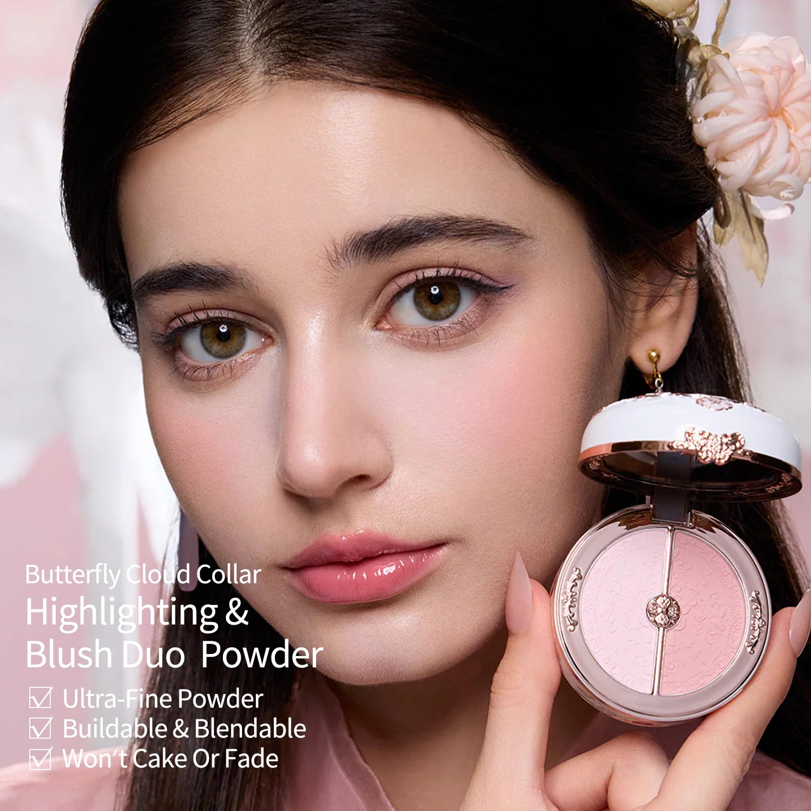 Flower Knows Duo Powder blush swatches show dual-tone shading for natural warmth and contour.
