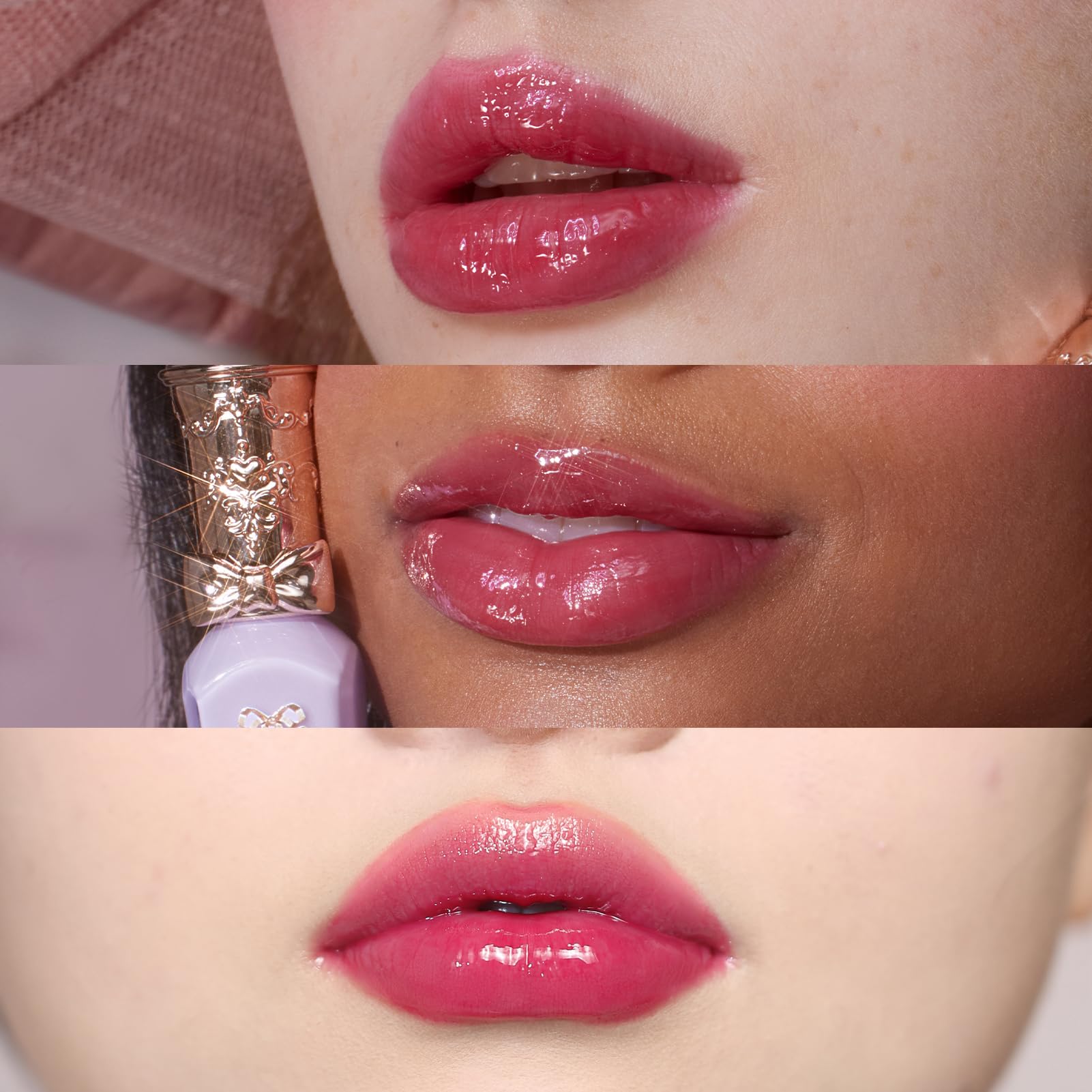 Flower Knows Blackberry Jam swatch on lips showing rich berry shine