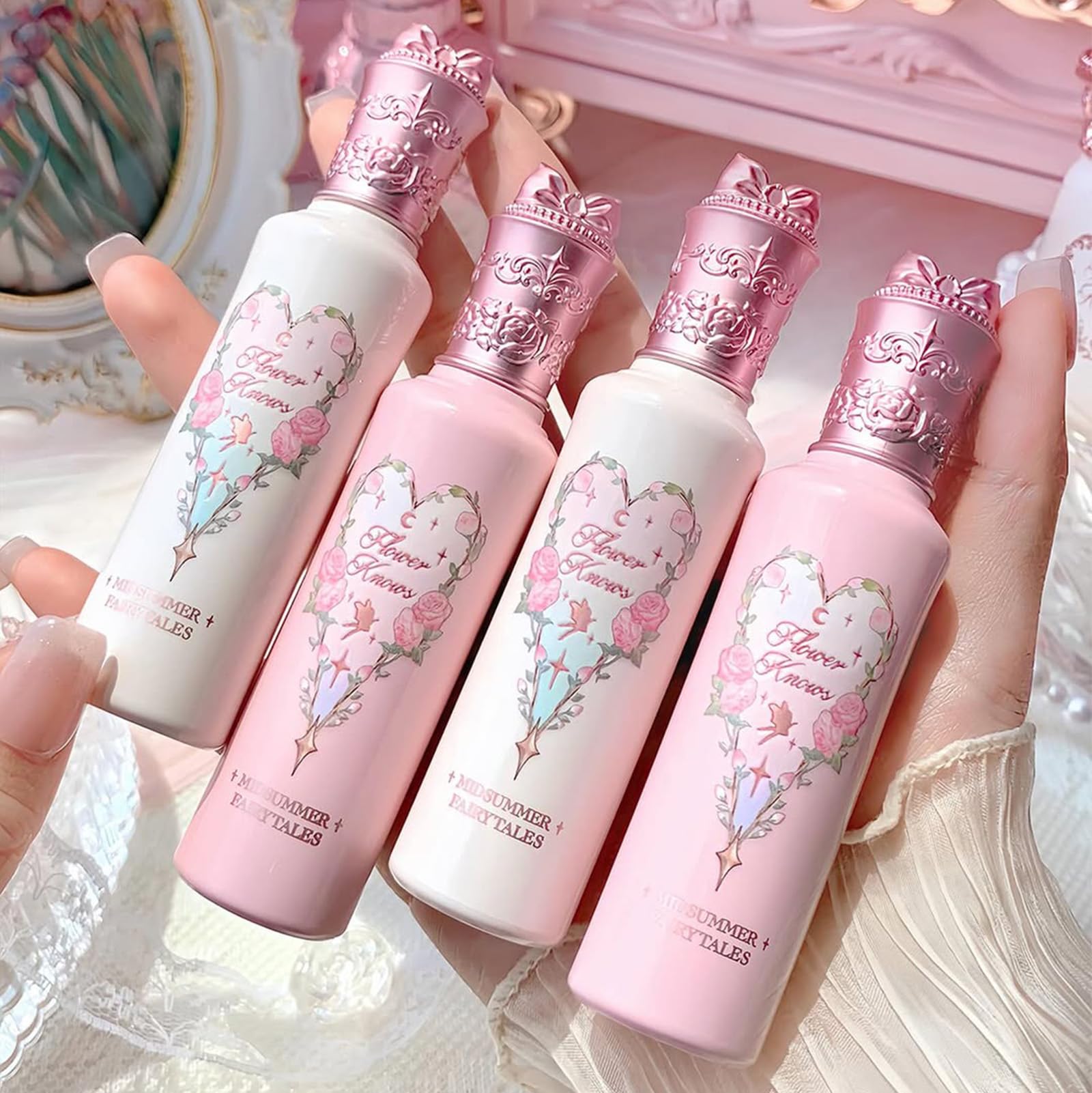 Flower Knows Midsummer Fairytales finish on collarbone and eyelids for brightening glow