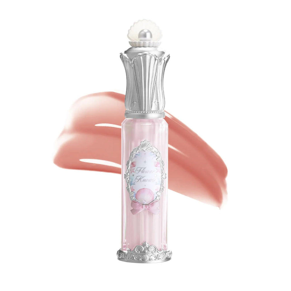Flower Knows Shell's Jewel Nourishing Lip Glaze P01 Champagne Pearl swatch reveals pinky-apricot glow for MLBB appeal