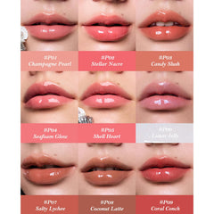 Flower Knows Shell's Jewel Nourishing Lip Glaze shade swatch on lips, showing watermelon-pink color and shine