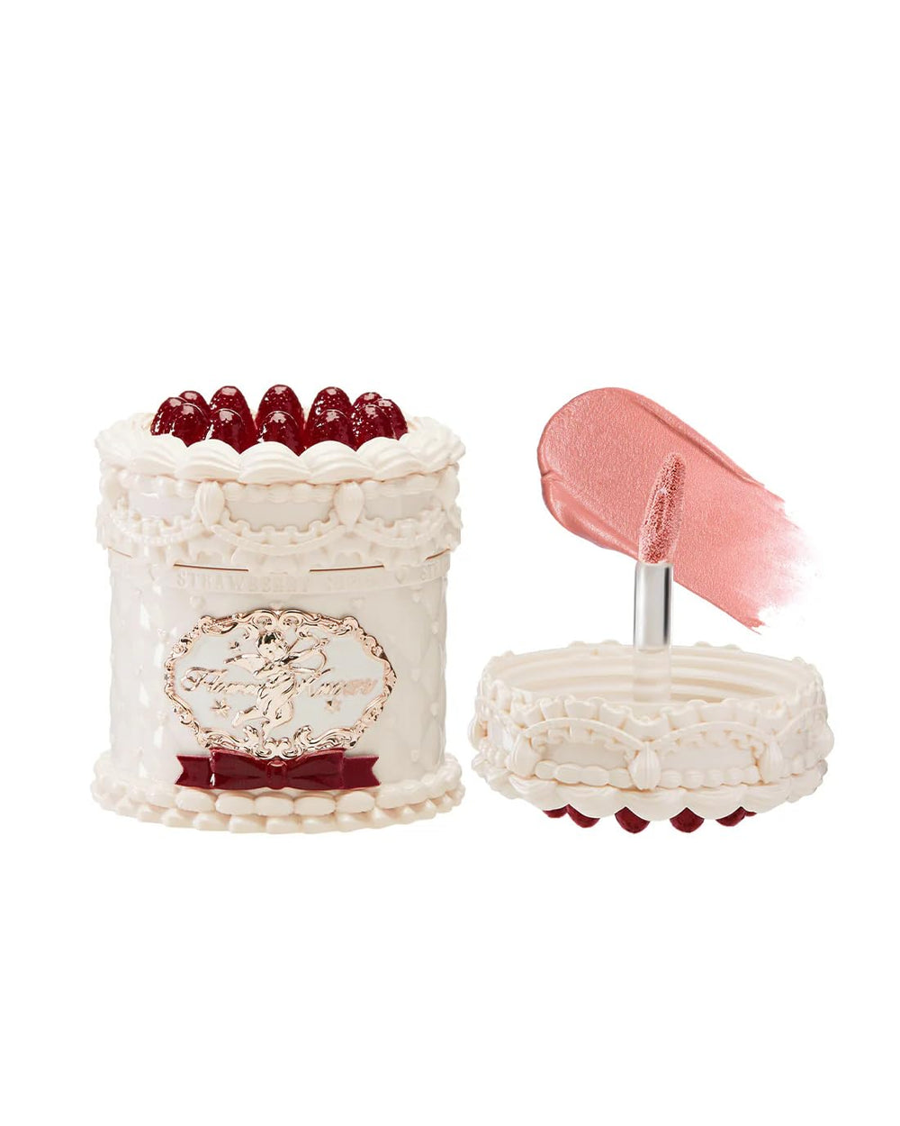 Flower Knows Strawberry Cupid Cake Lip Cream jar shows dessert-inspired shade with transfer-resistant color