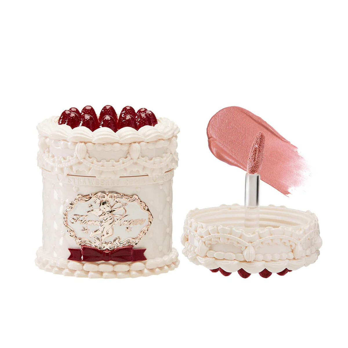 Flower Knows Strawberry Cupid Cake Lip Cream packaging highlights travel-friendly hydration.