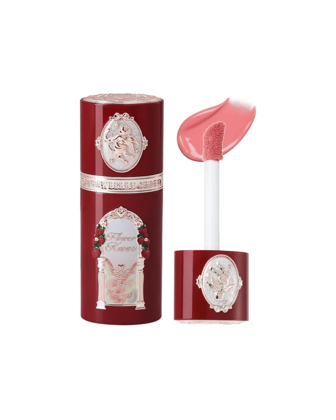 Flower Knows Strawberry Cupid Liquid Blush bottle pour reveals a dewy coral pink glow.