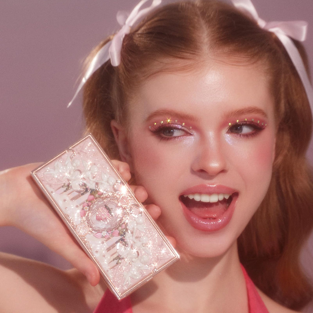 Flower Knows Strawberry Cupid Palette compact on desk highlights travel-friendly design