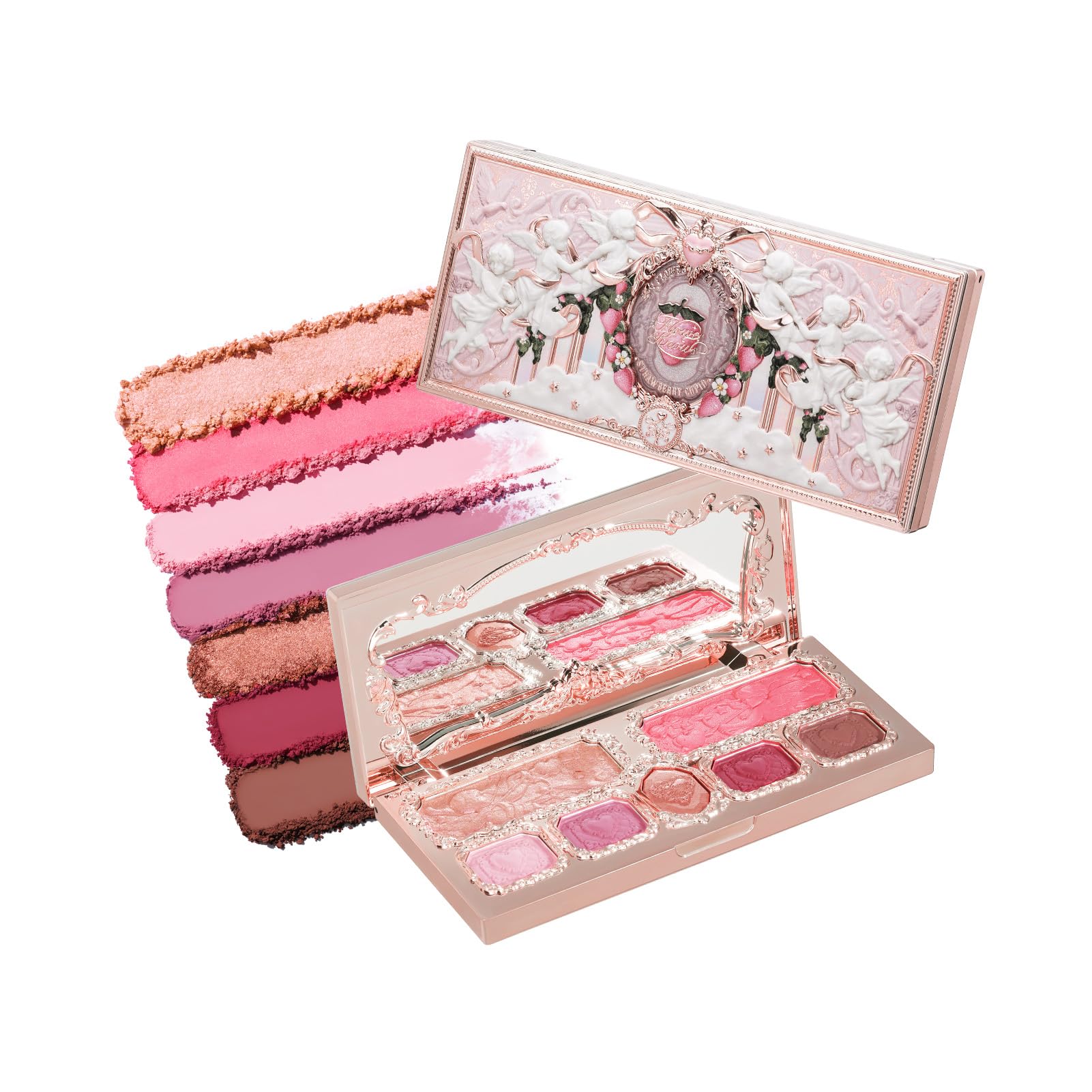 Flower Knows Strawberry Cupid Palette front view demonstrates versatile pink neutrals for eyes and cheeks