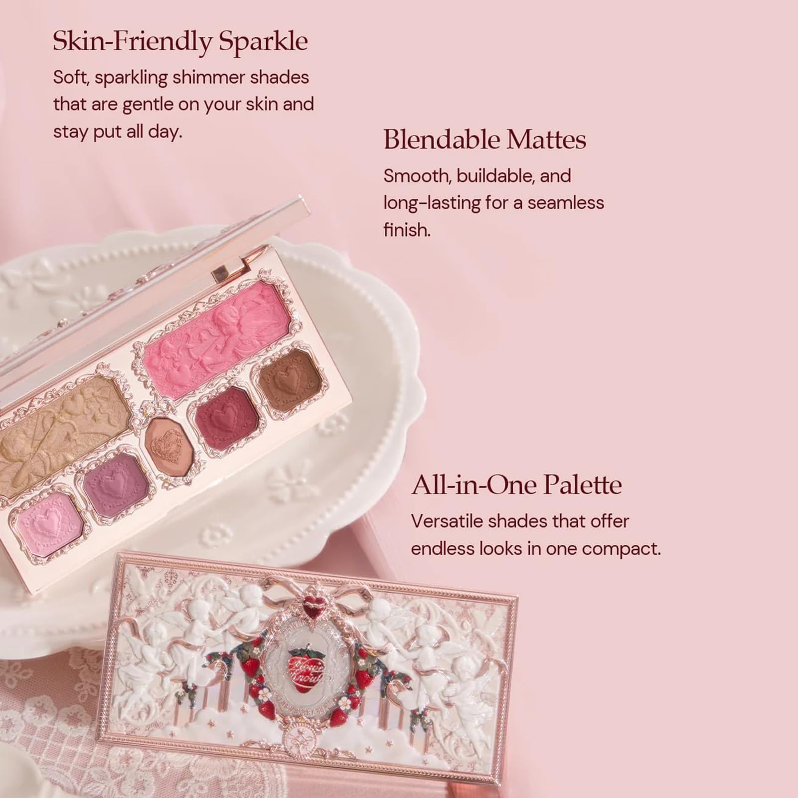 Flower Knows Strawberry Cupid Palette open lid reveals seven shades including mattes and shimmers for buildable color