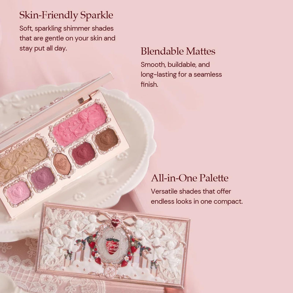 Flower Knows Strawberry Cupid Palette open lid reveals seven shades including mattes and shimmers for buildable color
