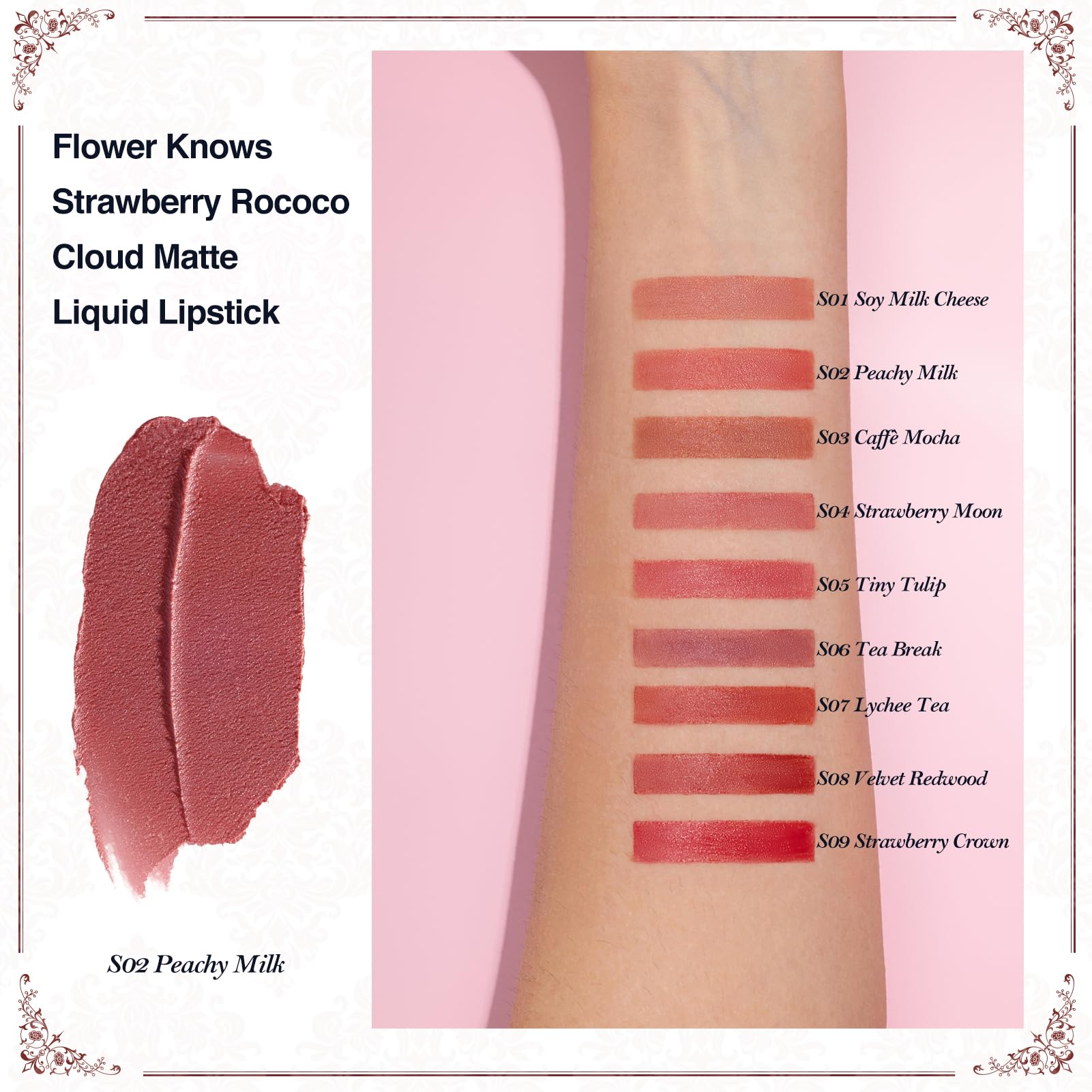 Flower Knows Strawberry Rococo Cloud Lip Cream swatch demonstrates rosy coral shade versatility