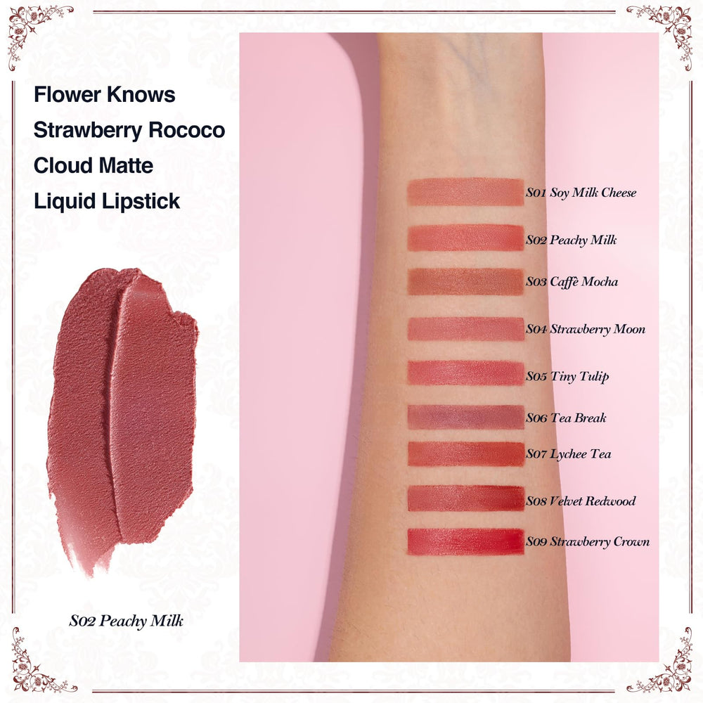 Flower Knows Strawberry Rococo Cloud Lip Cream swatch demonstrates rosy coral shade versatility