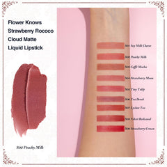 Flower Knows Strawberry Rococo Cloud Lip Cream swatch demonstrates rosy coral shade versatility