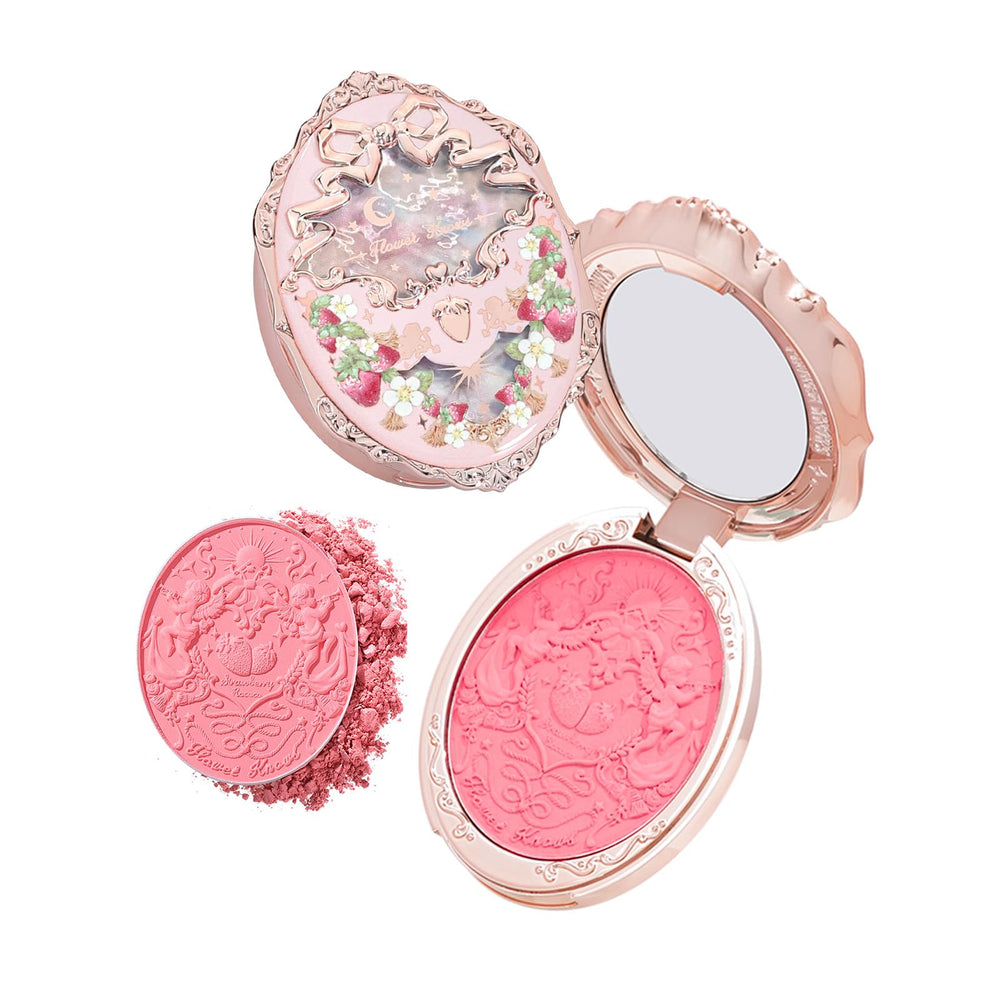 Flower Knows Strawberry Rococo blush packaging embossing, ideal for gifting or vanity display.