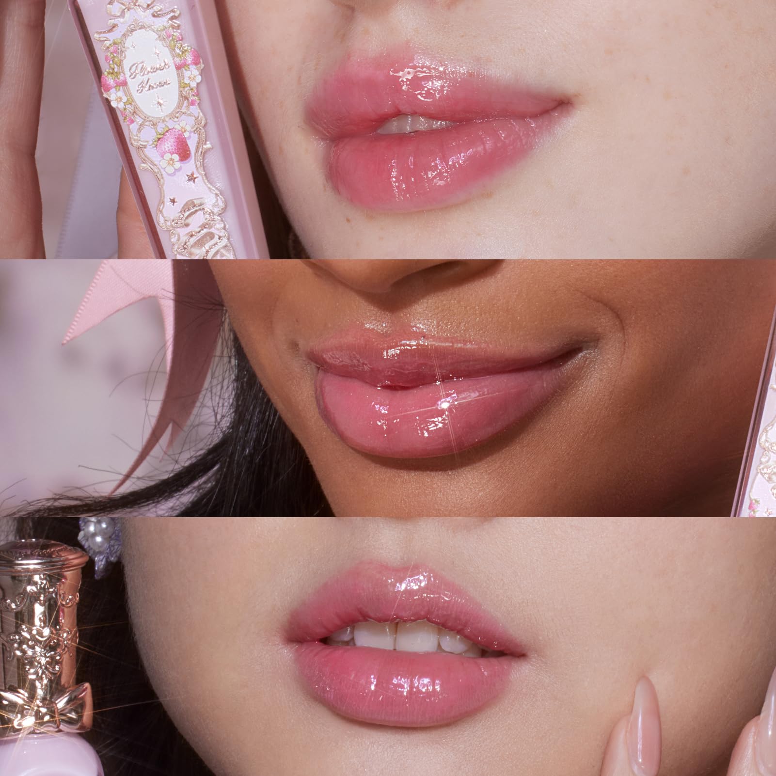 Flower Knows Violet Strawberry Rococo Glowy Lip Gloss long-wear texture swatch on lips.
