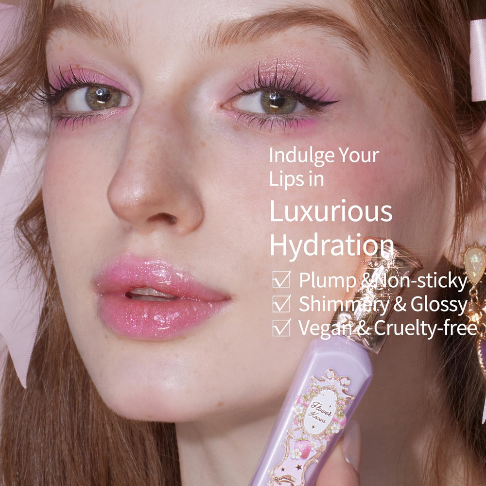Flower Knows Violet Strawberry Rococo Glowy Lip Gloss on lips shows luminous veil