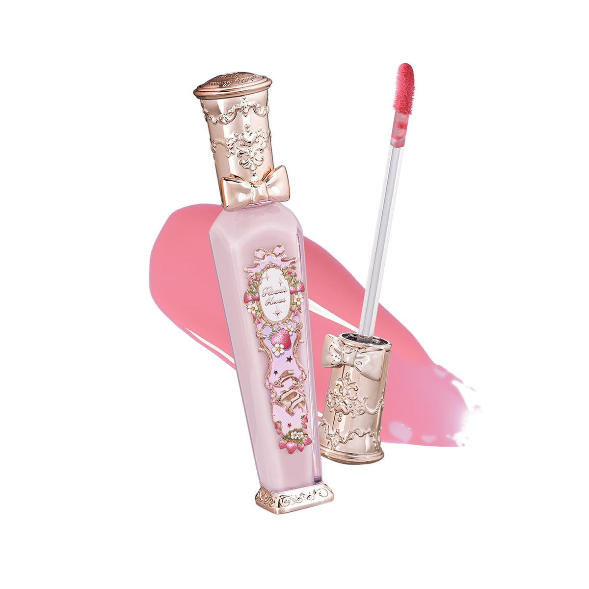 Flower Knows Violet Strawberry Rococo Glowy Lip Gloss soft-pink swatch for long-lasting shine.