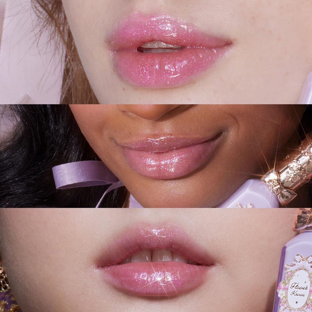 Flower Knows Violet Strawberry Rococo Glowy Lip Gloss tube shines with premium shimmer