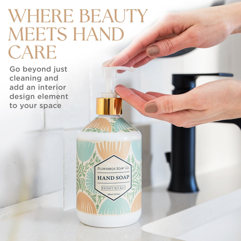 FlowerBox liquid hand soap Cherry Blossom bottle top view showing gold pump detail and luxe aesthetic