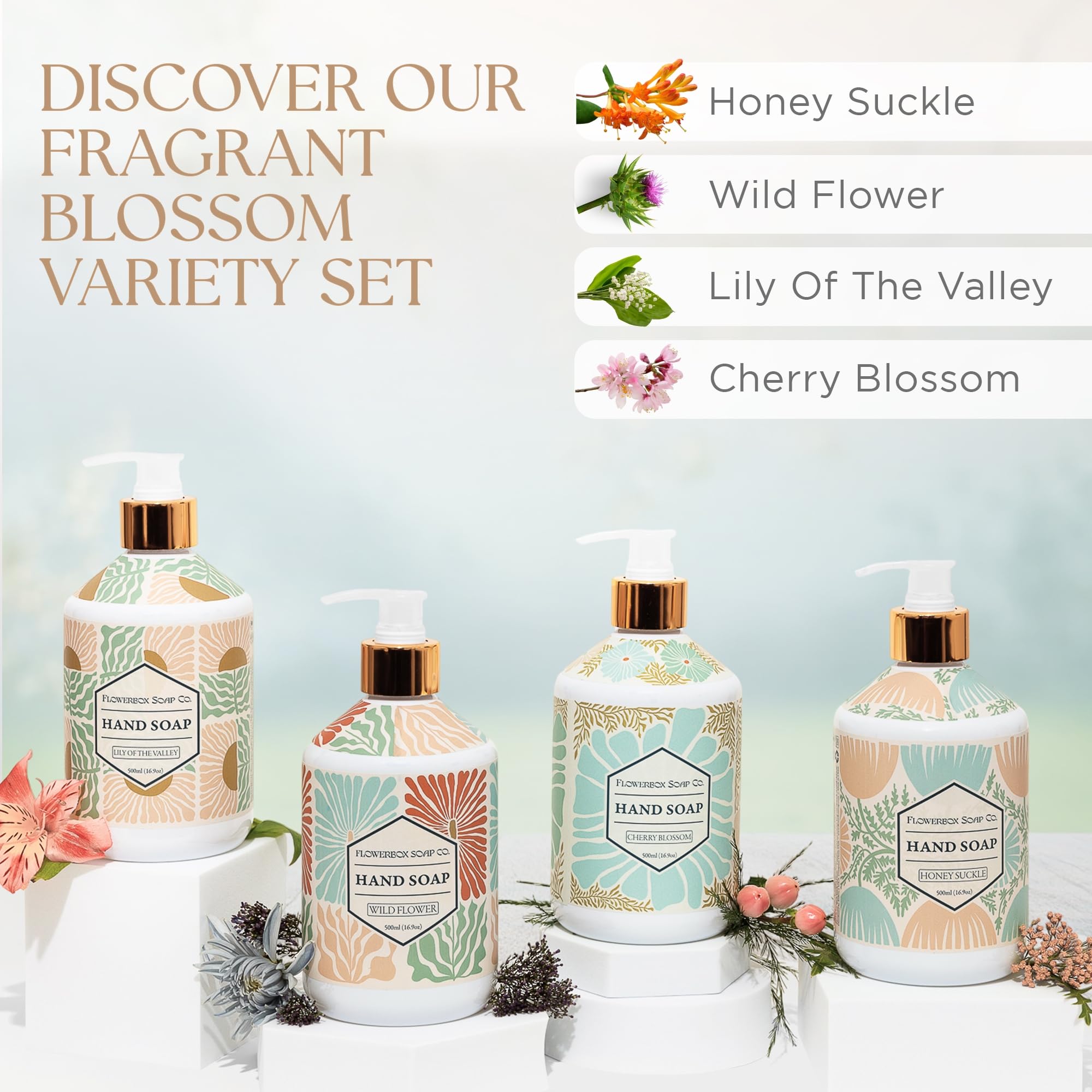FlowerBox liquid hand soap Honeysuckle bottle pump close-up for easy, mess-free dispensing