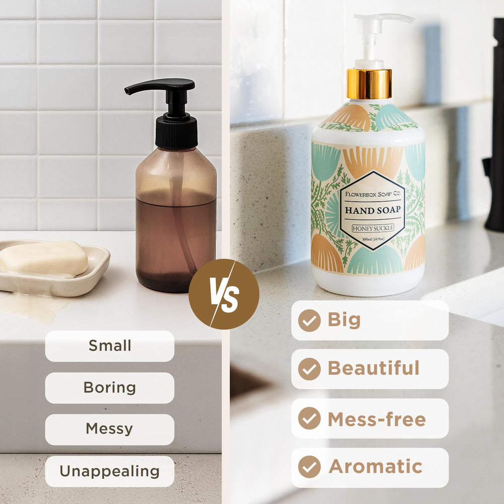 FlowerBox refillable 500 mL bottle with gold pump highlighting sustainable daily-use design