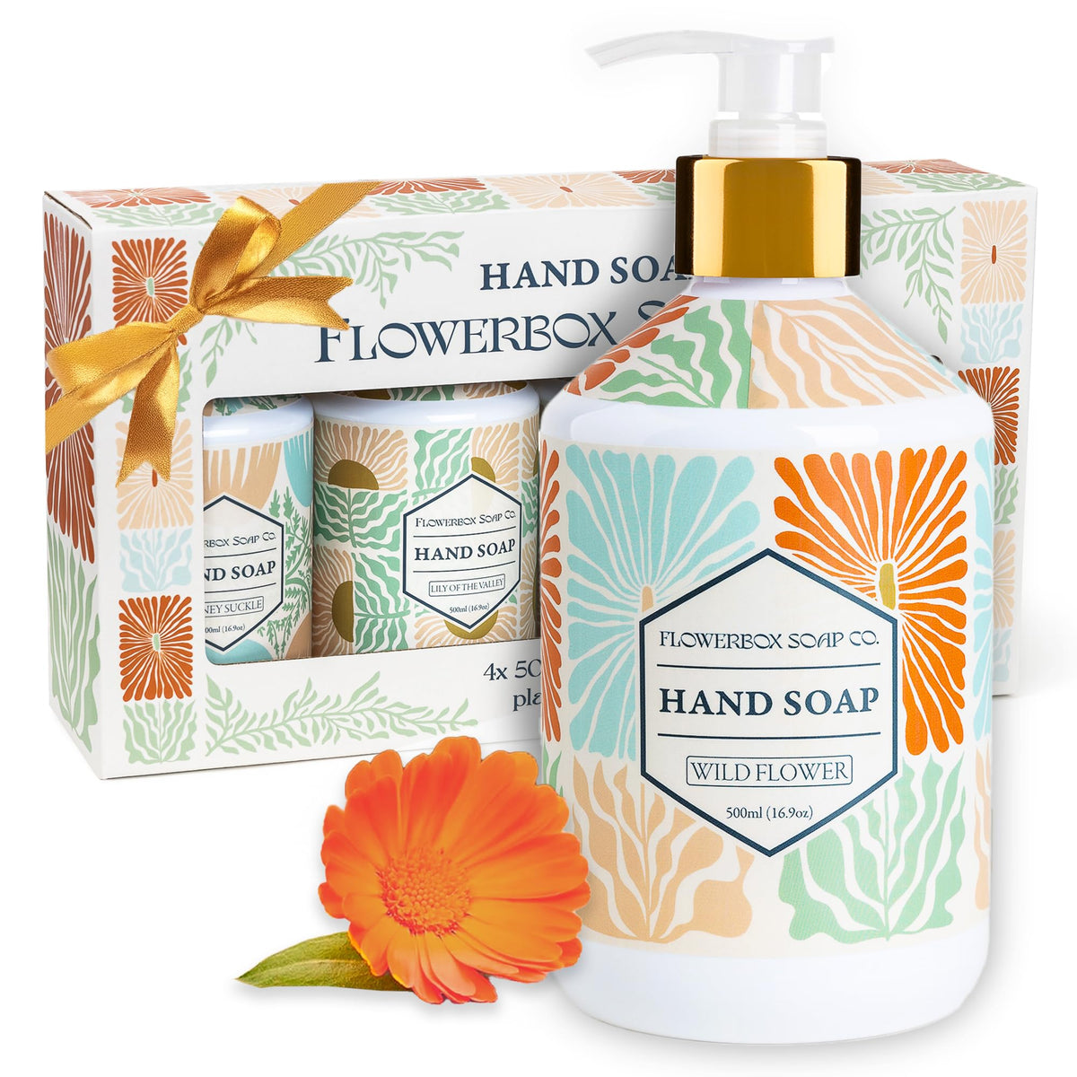 FlowerBox liquid hand soap Wildflower bottle front view for spa-like handwashing ambiance
