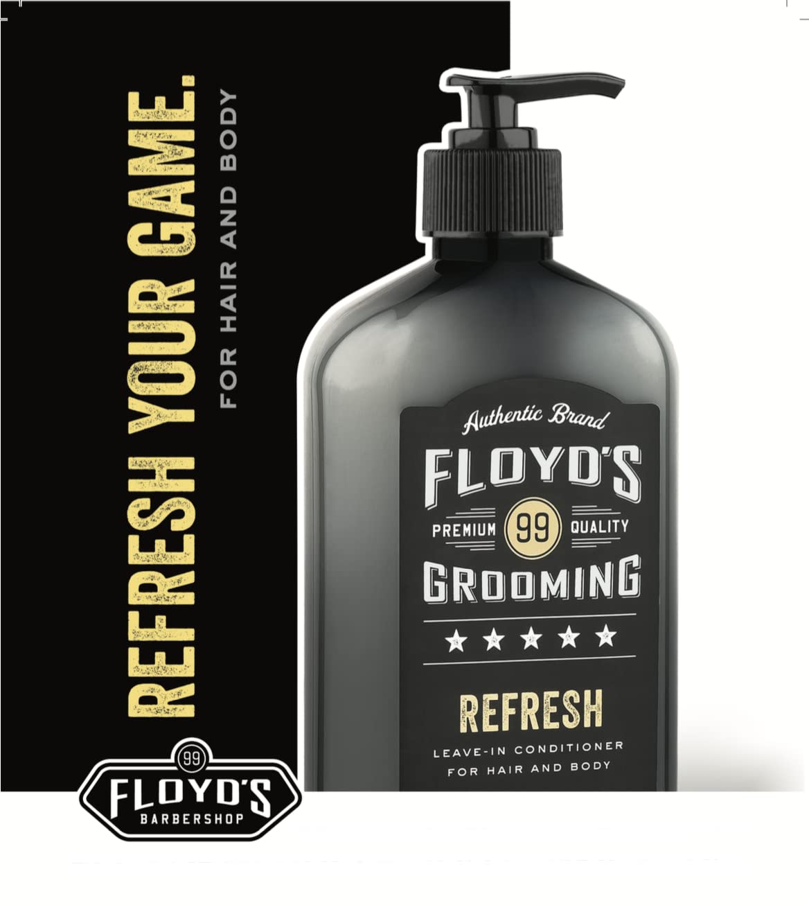 Floyd's 99 Refresh conditioner packaging showcases gluten-free, alcohol-free formula.