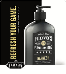 Floyd's 99 Refresh conditioner packaging showcases gluten-free, alcohol-free formula.