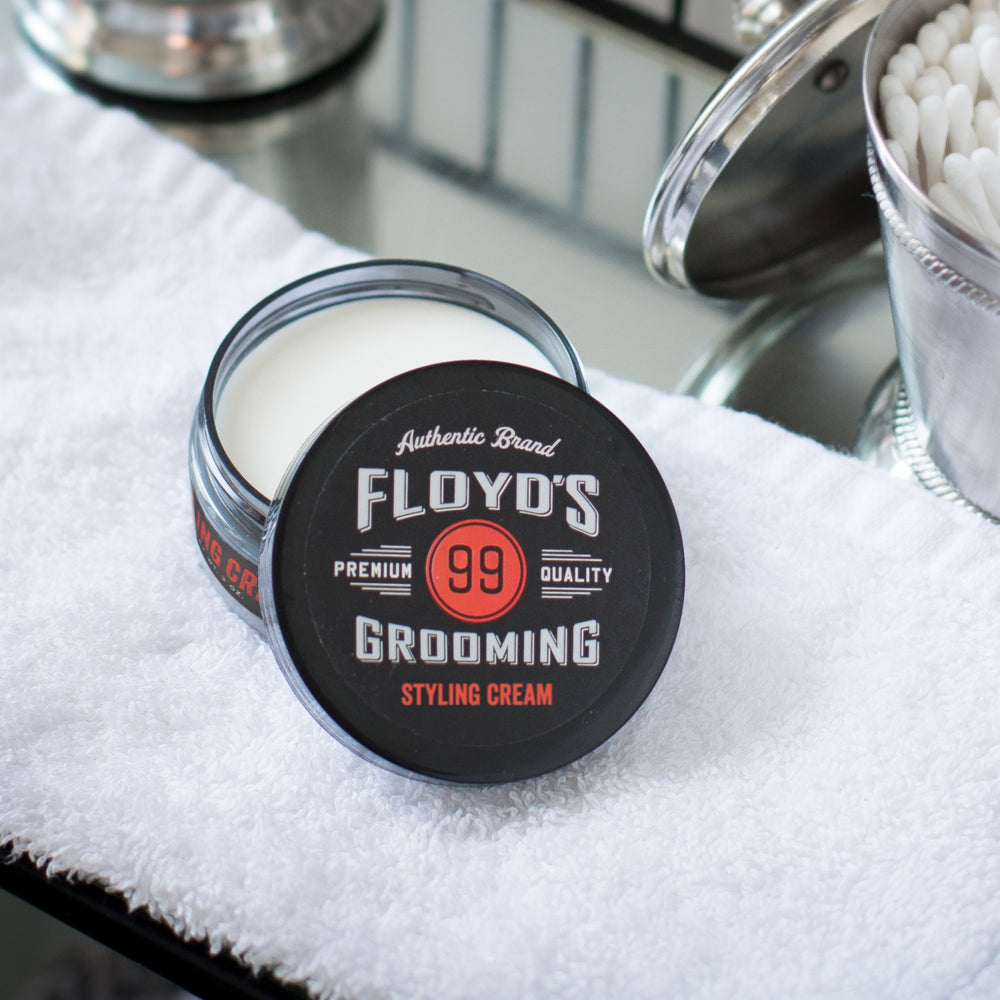 Floyd's 99 Styling Cream swatch-closeup reveals creamy consistency for shaping looks