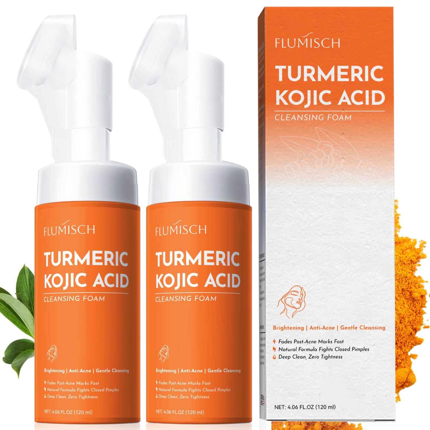 FluMisch Turmeric Kojic Acid Foaming Face Wash bottle delivers brightening cleansing.