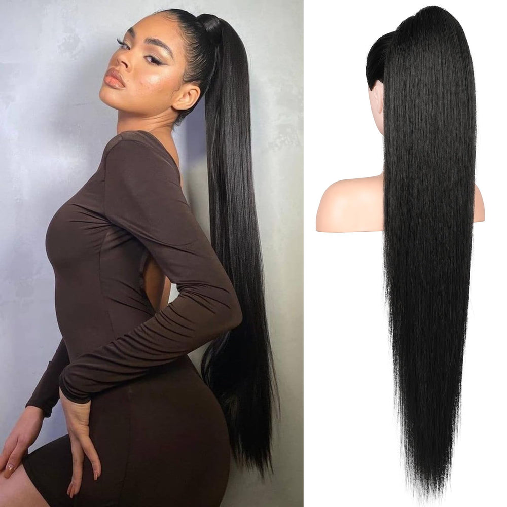 Flufymooz ponytail extension 36 inch straight drawstring adds instant length and volume for events or daily wear