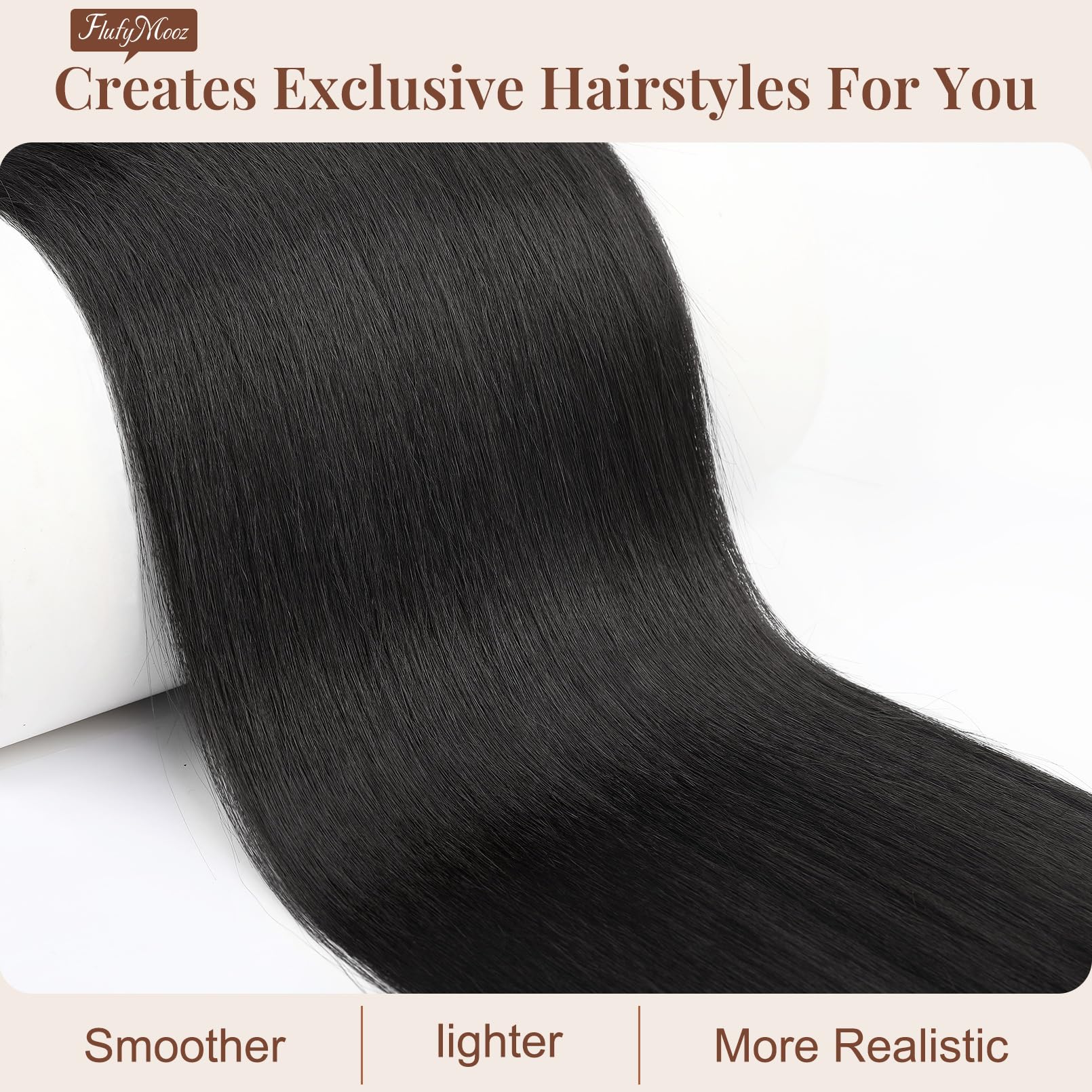 Flufymooz ponytail clip-in design close-up shows secure, simple styling for effortless daily looks