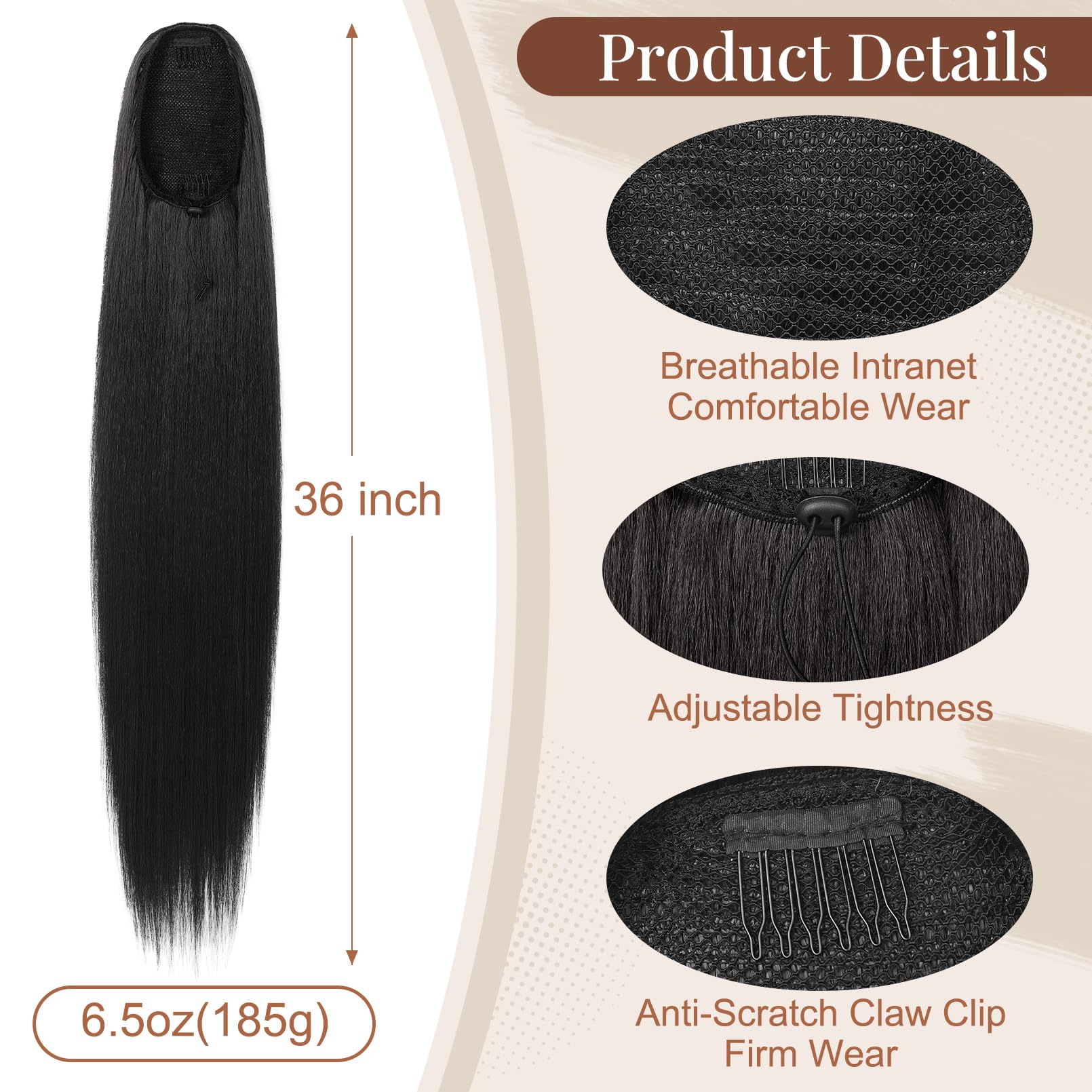 Flufymooz ponytail drawstring attachment highlights easy, all-day stability.