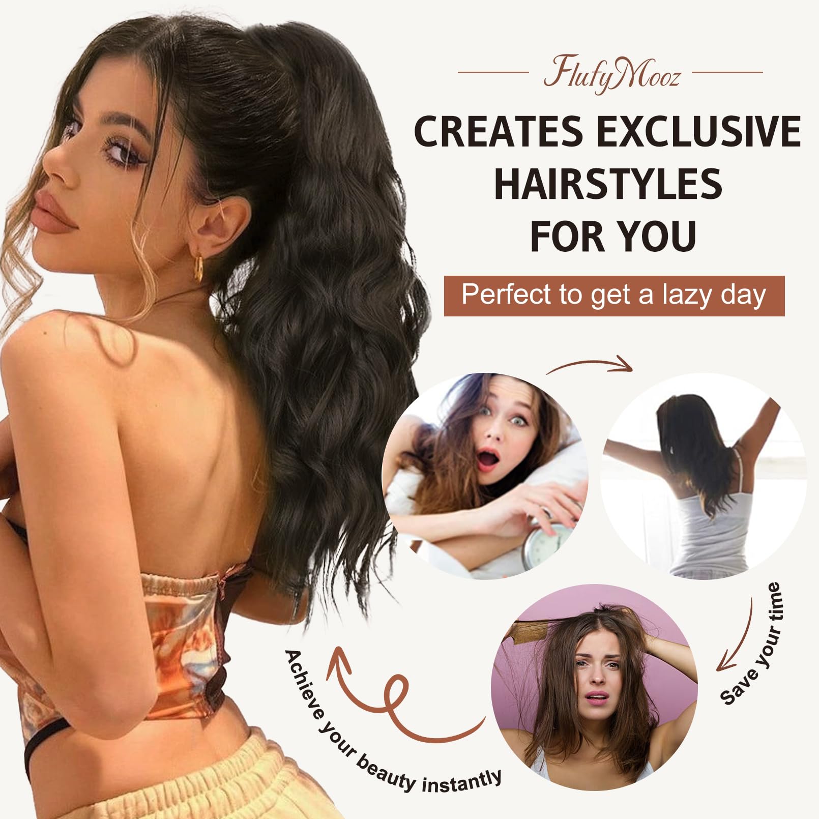 Flufymooz 18-inch ponytail clip enables quick styling for daily wear or events.