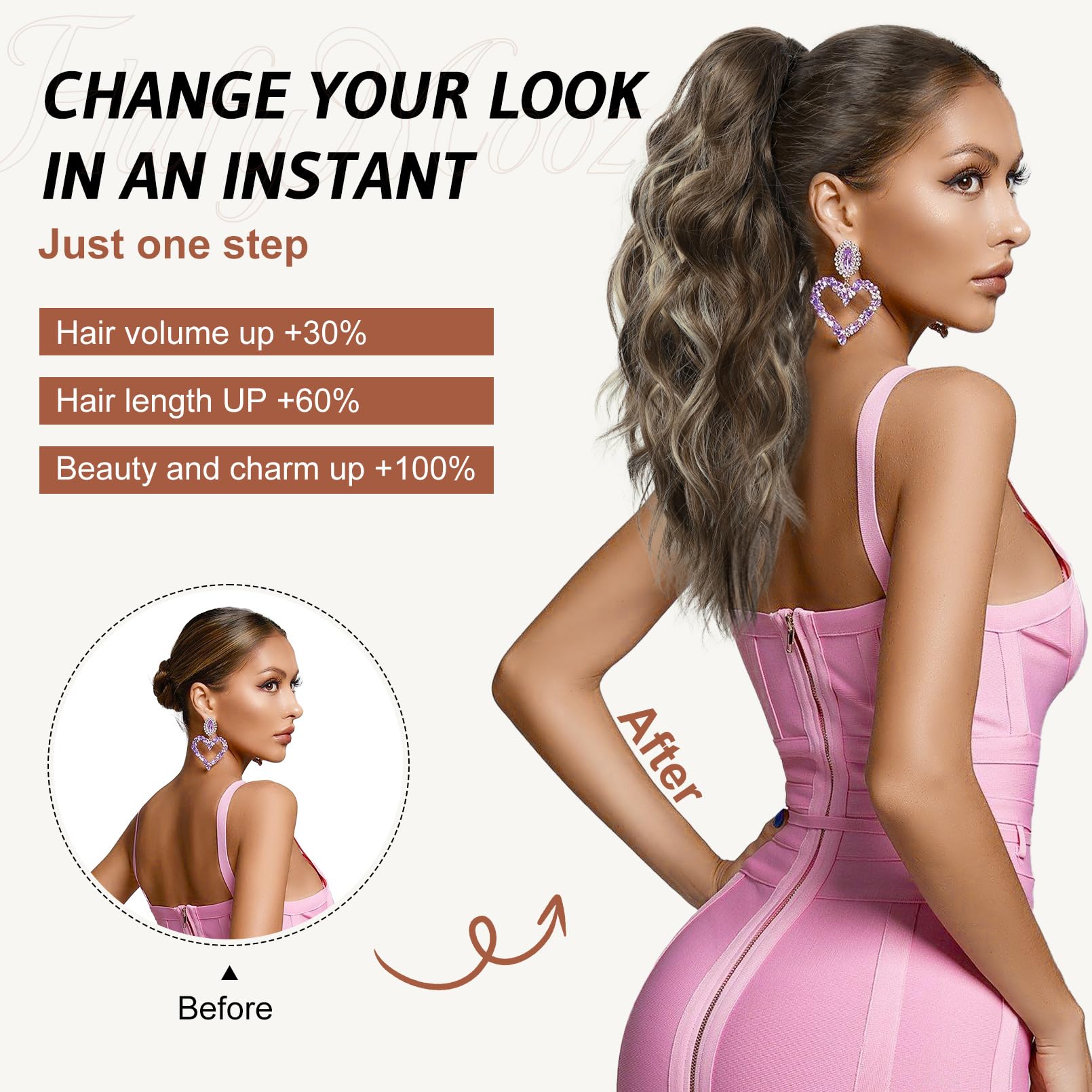 Flufymooz natural-black ponytail color suits varied outfits and tones.