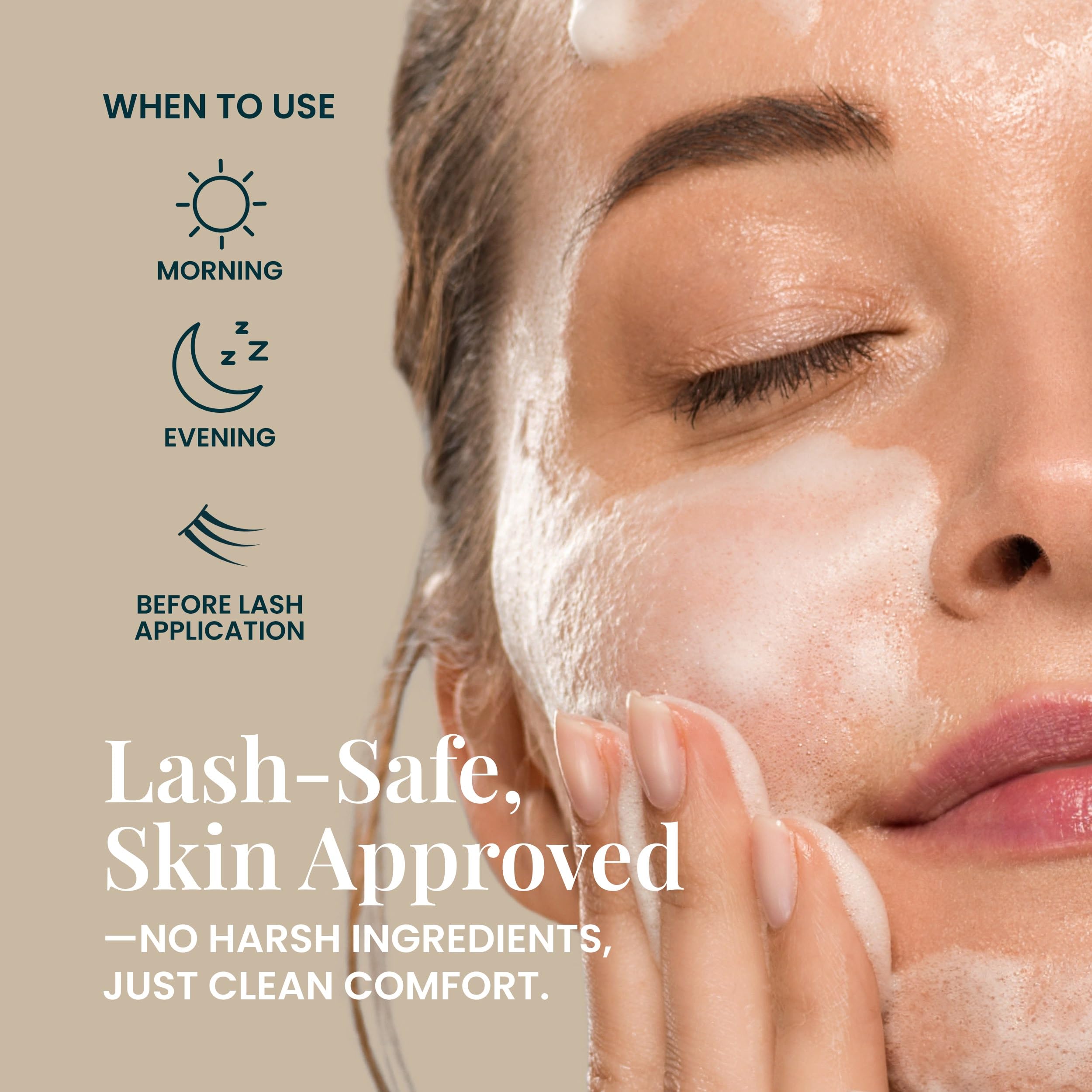 FlutterHabit Lash Shampoo foam closeup showing gentle cleansing for extensions