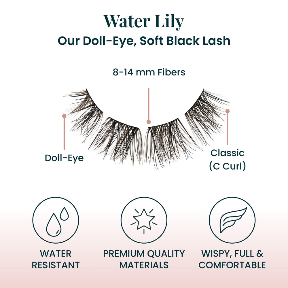 FlutterHabit Water Lily Lash Clusters shown with Made for This Adhesive compatibility.