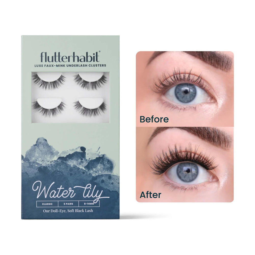 FlutterHabit Water Lily Lash Clusters pack front view for natural, all-day wear.