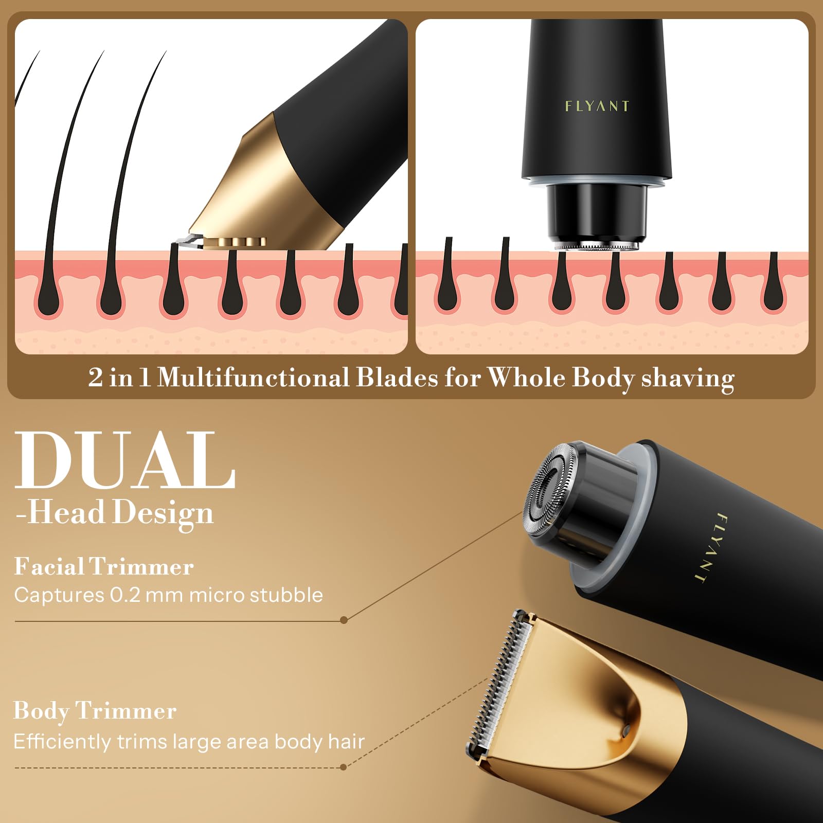 Flyant bikini trimmer in hand shows ergonomic grip for comfortable wet grooming.
