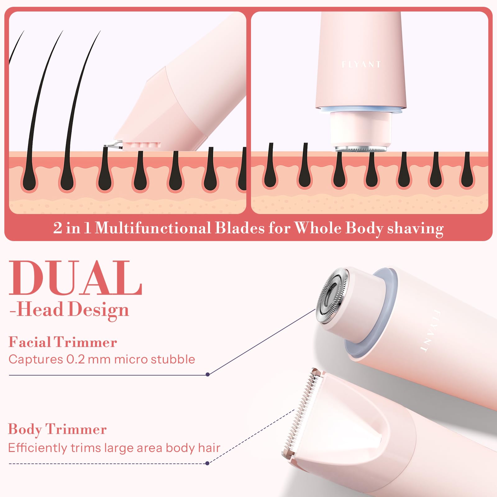 Flyant bikini trimmer rose pink angled view showing ergonomic grip
