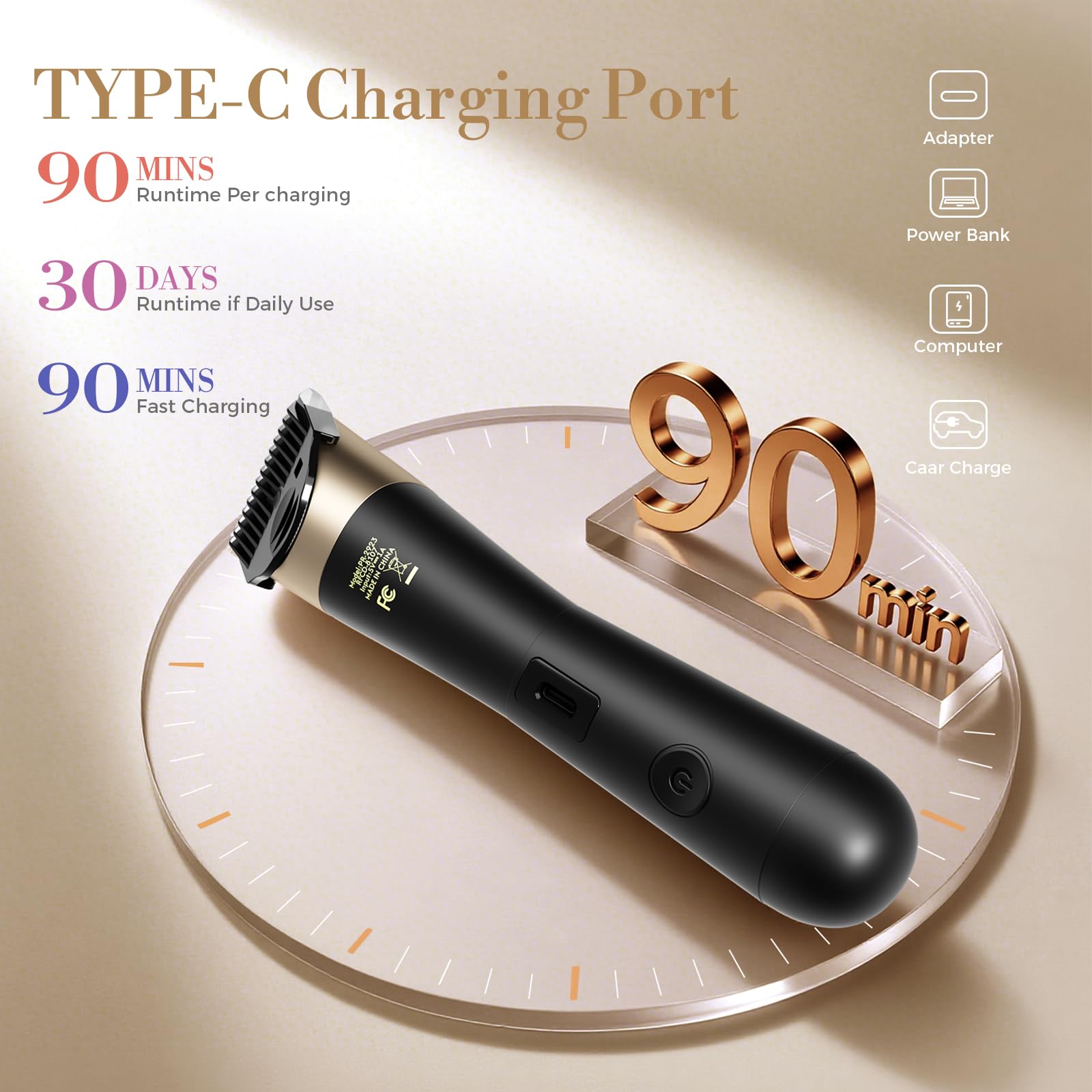 Flyant bikini trimmer USB charging image demonstrates portable power for on-the-go grooming.