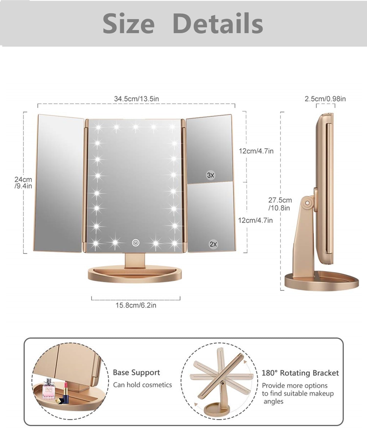 Flymiro tri-fold mirror with 2x magnification for detailing brows.